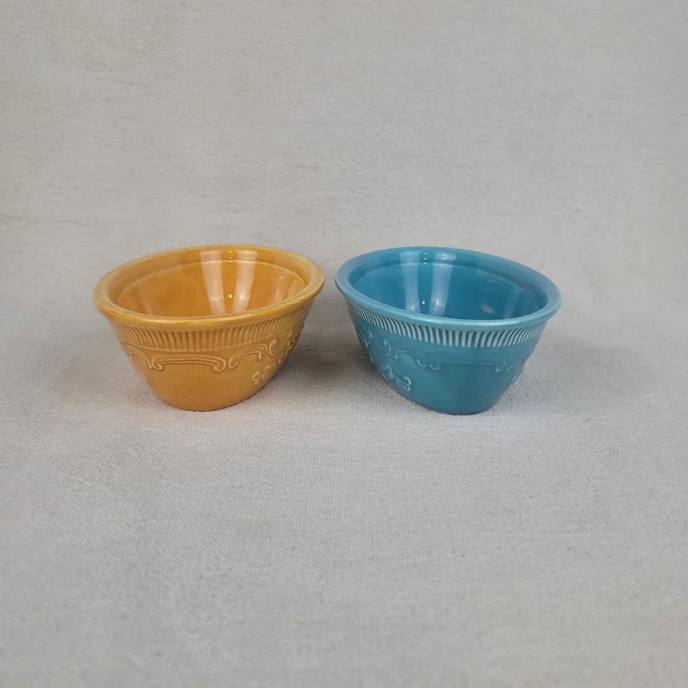 Vintage Homer‎ Laughlin Oven Serve Oval Casserole Dishes Blue Yellow Set of 2